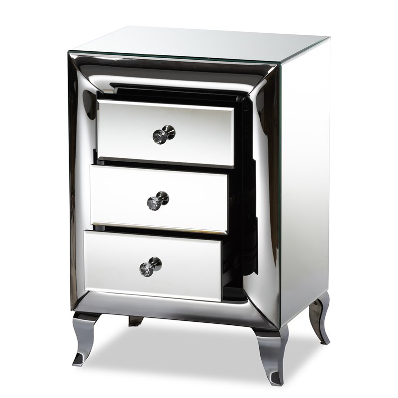 Bowery Hill Contemporary Glam and Luxe Mirrored 3-Drawer Nightstand