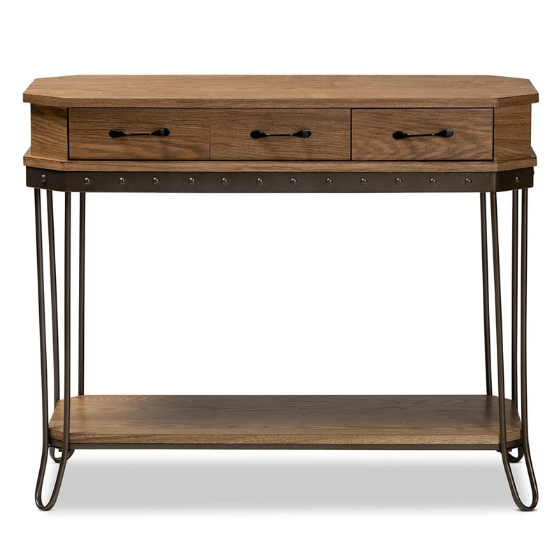 Bowery Hill Brown Wood and Black Finished Metal 3-Drawer Console Table