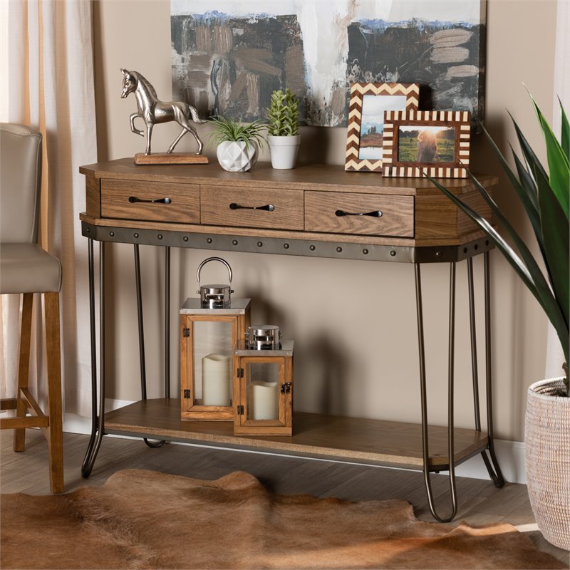 Bowery Hill Brown Wood and Black Finished Metal 3-Drawer Console Table
