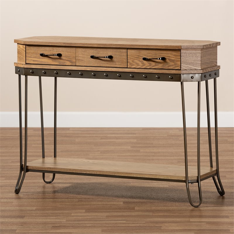 Bowery Hill Brown Wood and Black Finished Metal 3-Drawer Console Table