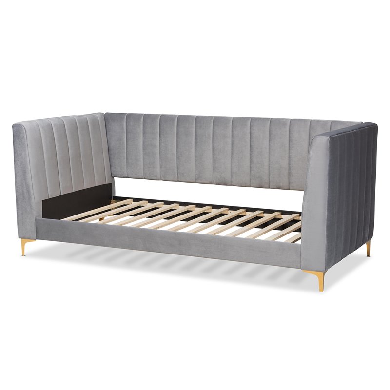 Bowery Hill Modern Velvet Upholstered and Gold Finished Twin Size Daybed in Gray