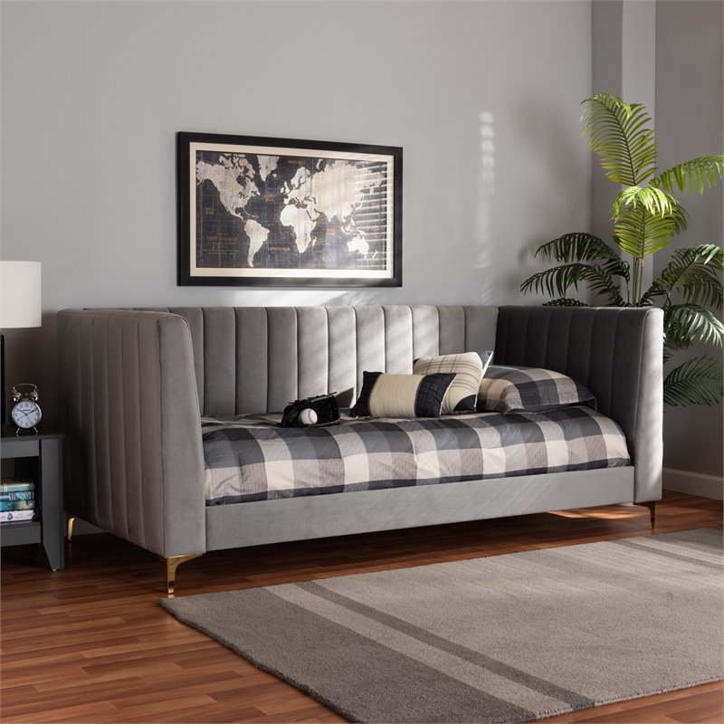 Bowery Hill Modern Velvet Upholstered and Gold Finished Twin Size Daybed in Gray