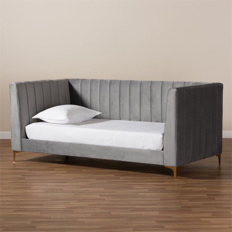 Bowery Hill Modern Velvet Upholstered and Gold Finished Twin Size Daybed in Gray