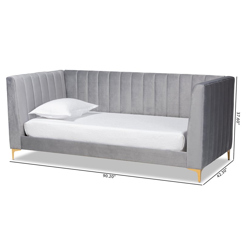 Bowery Hill Modern Velvet Upholstered and Gold Finished Twin Size Daybed in Gray