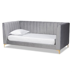 Bowery Hill Modern Velvet Upholstered and Gold Finished Twin Size Daybed in Gray