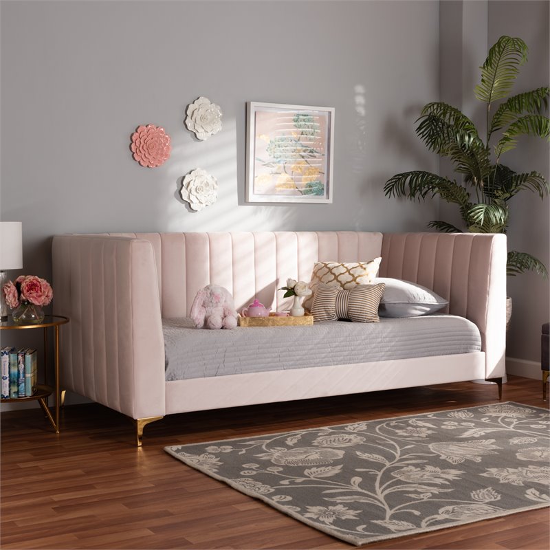 Bowery Hill Modern Velvet Upholstered and Gold Finished Twin Size Daybed in Pink