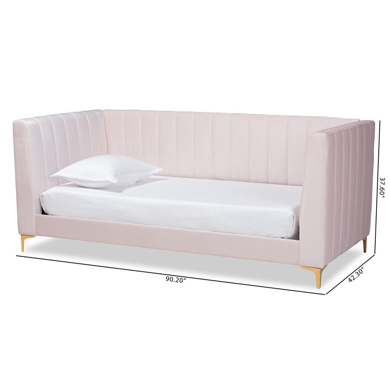 Bowery Hill Modern Velvet Upholstered and Gold Finished Twin Size Daybed in Pink