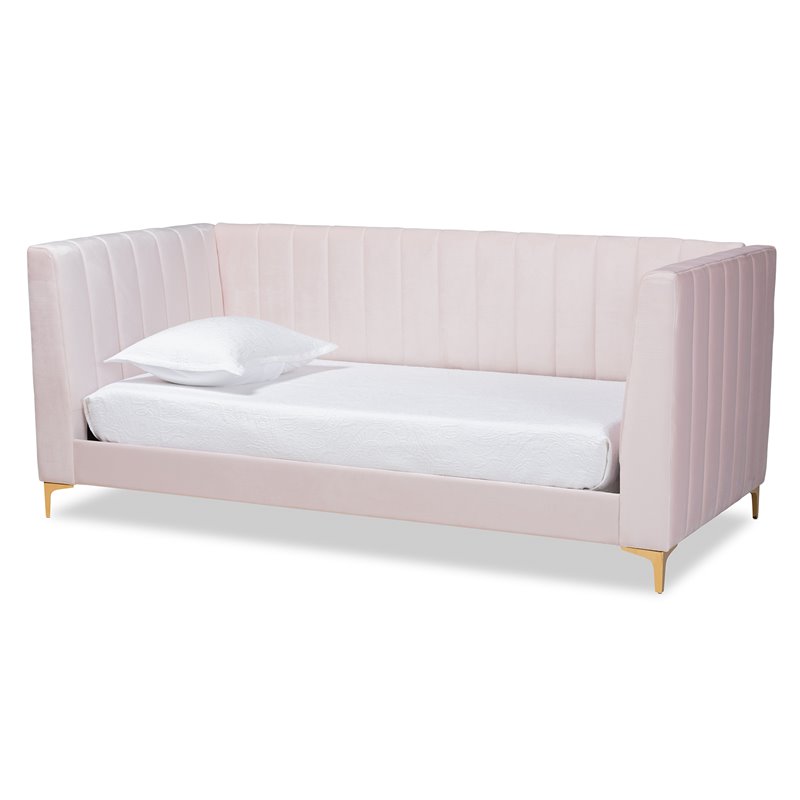 Bowery Hill Modern Velvet Upholstered and Gold Finished Twin Size Daybed in Pink