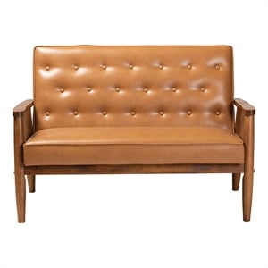 Bowery Hill 17.3&quot Mid-Century Leather/Wood Loveseat in Walnut Brown