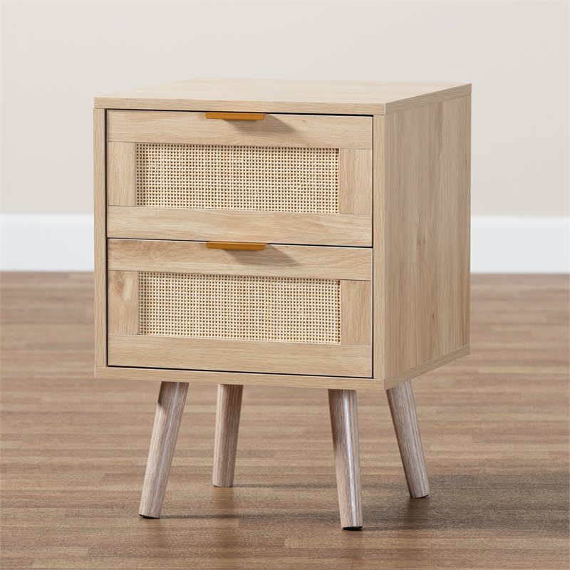 Bowery Hill Light Oak Brown Finished Wood and Rattan 2-Drawer Nightstand