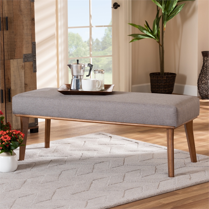 Bowery Hill Grey Fabric Upholstered and Brown Finished Wood Dining Bench