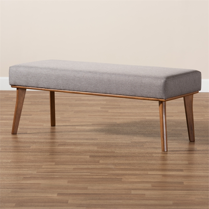 Bowery Hill Grey Fabric Upholstered and Brown Finished Wood Dining Bench