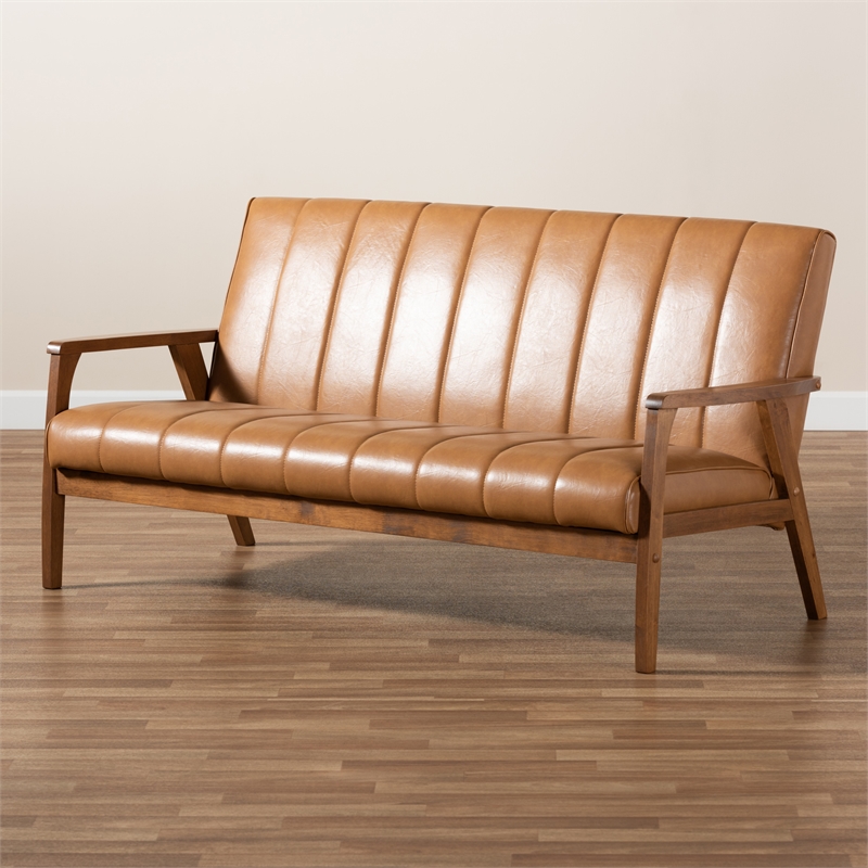 Bowery Hill Faux Leather Upholstered and Walnut Brown finished Wood Sofa
