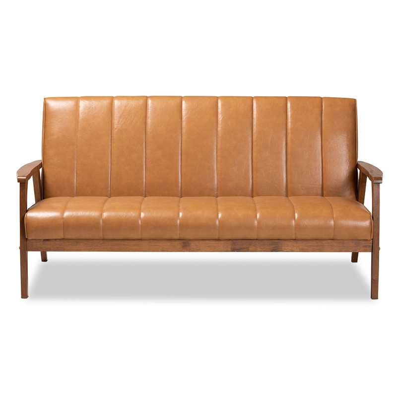 Bowery Hill Faux Leather Upholstered and Walnut Brown finished Wood Sofa