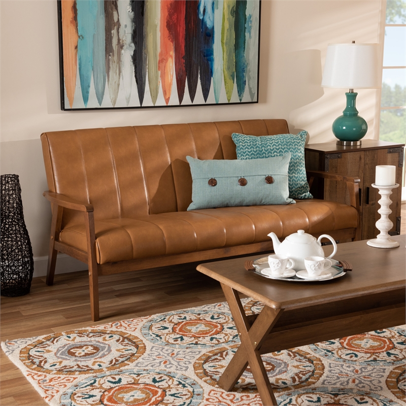 Bowery Hill Faux Leather Upholstered and Walnut Brown finished Wood Sofa