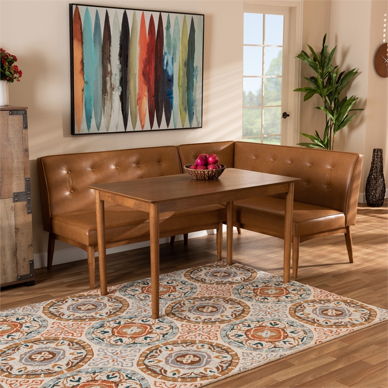 Bowery Hill Faux Leather Upholstered and Brown Finished 3-Piece Dining Set