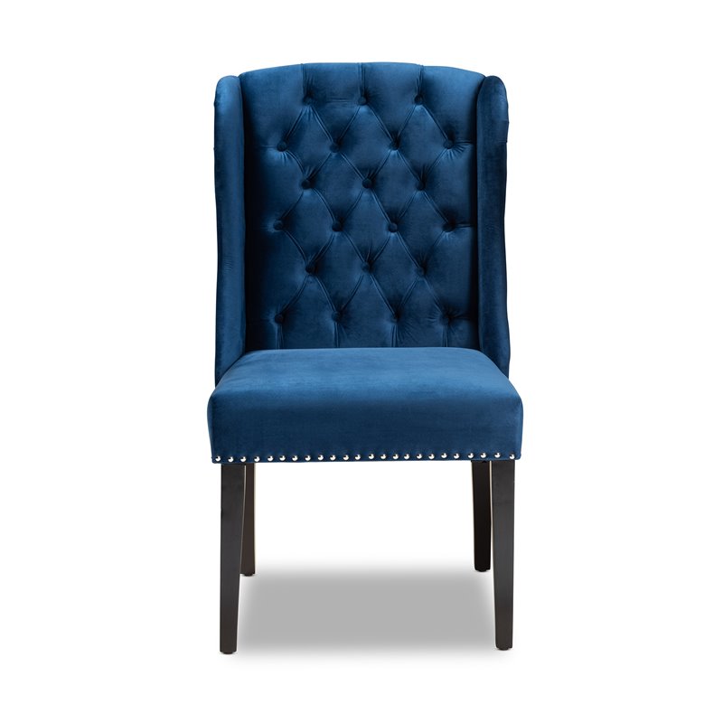 Bowery Hill Blue Upholstered and Brown Finished Wood Wingback Dining Chair