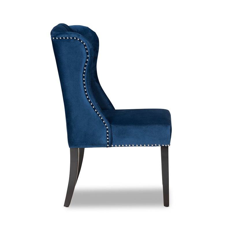 Bowery Hill Blue Upholstered and Brown Finished Wood Wingback Dining Chair