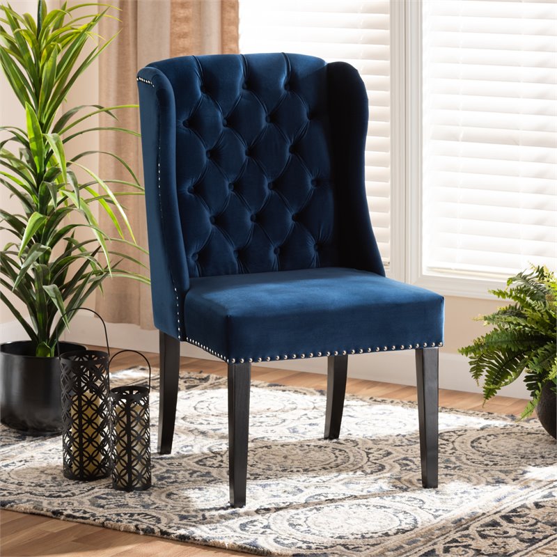 Bowery Hill Blue Upholstered and Brown Finished Wood Wingback Dining Chair