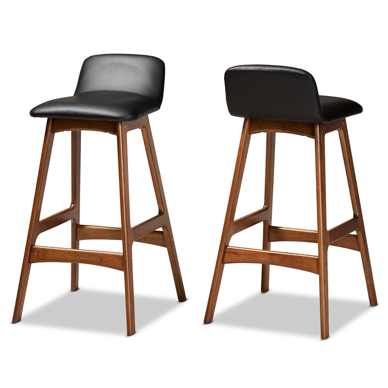 Bowery Hill Black Upholstered and Brown Finished Wood 2-Piece Bar Stool Set