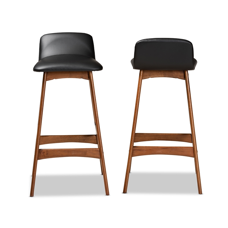 Bowery Hill Black Upholstered and Brown Finished Wood 2-Piece Bar Stool Set