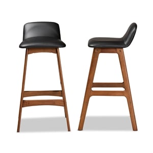Bowery Hill Black Upholstered and Brown Finished Wood 2-Piece Bar Stool Set