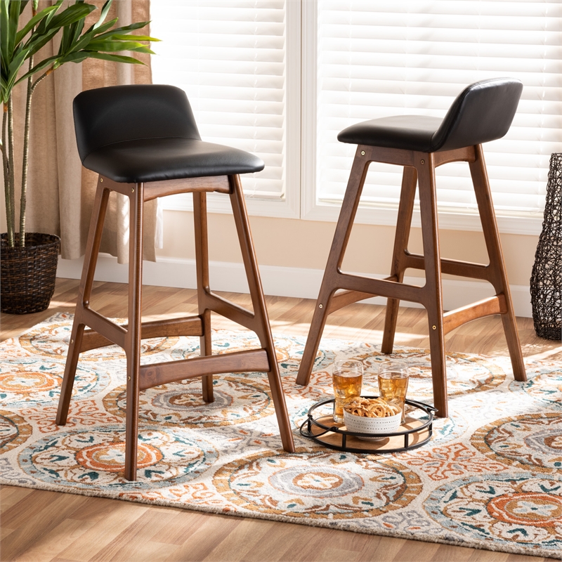 Bowery Hill Black Upholstered and Brown Finished Wood 2-Piece Bar Stool Set