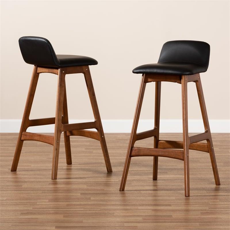 Bowery Hill Black Upholstered and Brown Finished Wood 2-Piece Bar Stool Set