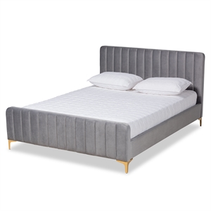 bowery hill grey fabric upholstered and gold finished full size platform bed