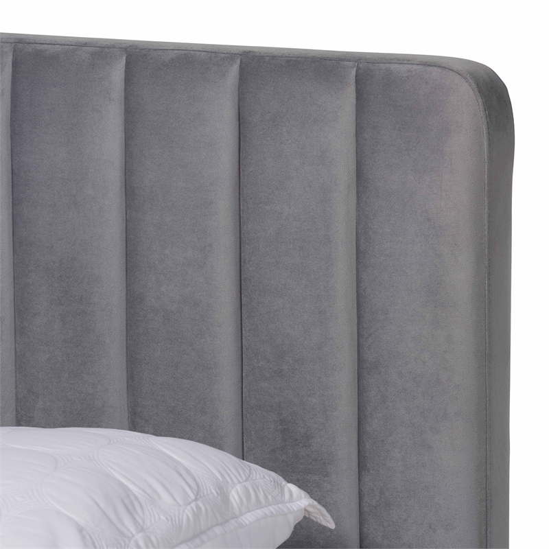 Bowery Hill Grey Fabric Upholstered and Gold Finished King Size Platform Bed