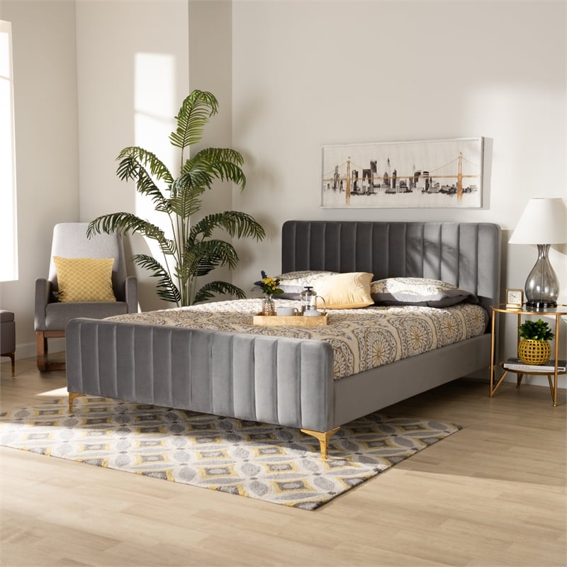 Bowery Hill Grey Fabric Upholstered and Gold Finished King Size Platform Bed