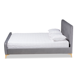 bowery hill grey fabric upholstered and gold finished king size platform bed