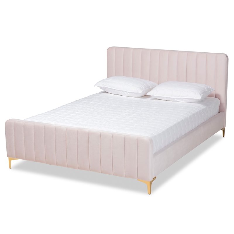 Bowery Hill Pink Fabric Upholstered and Gold Finished Full Size Platform Bed
