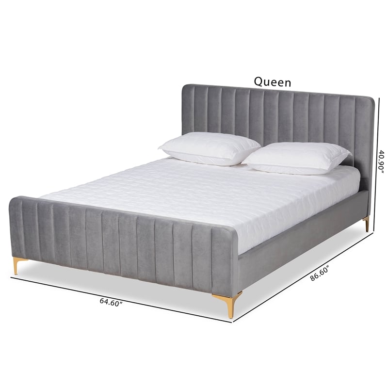 Bowery Hill Grey Fabric Upholstered and Gold Finished Queen Size Platform Bed