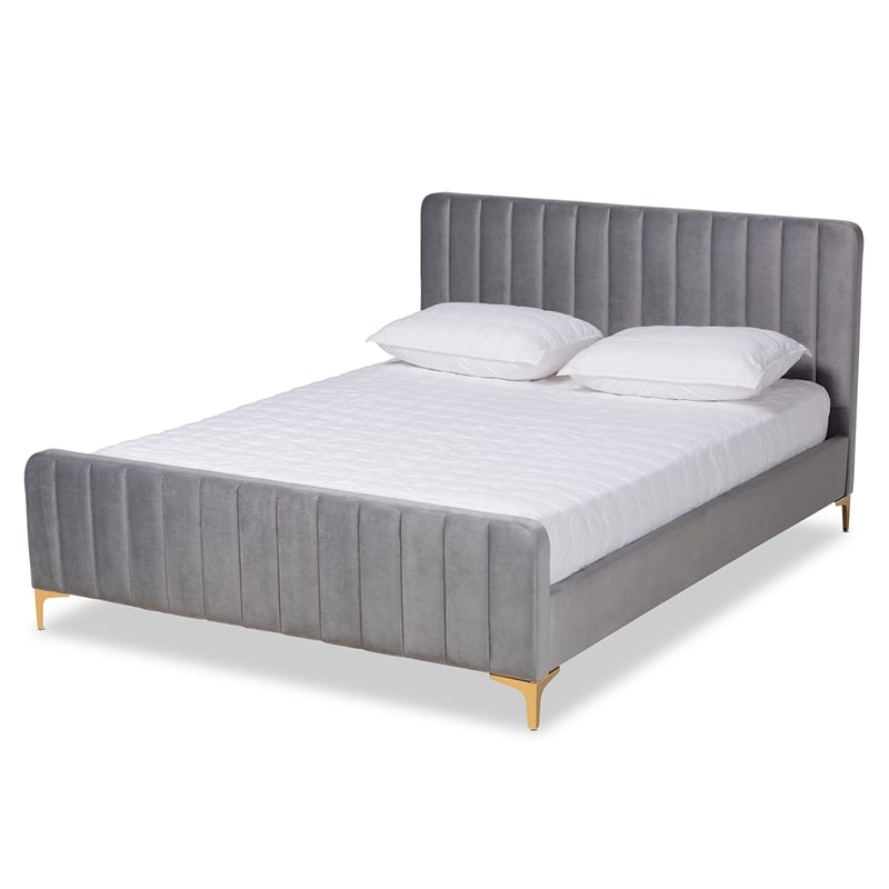 Bowery Hill Grey Fabric Upholstered and Gold Finished Queen Size Platform Bed
