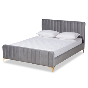 Bowery Hill Grey Fabric Upholstered and Gold Finished Queen Size Platform Bed