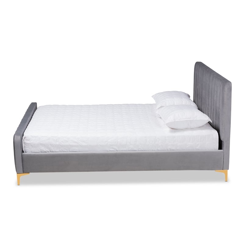 Bowery Hill Grey Fabric Upholstered and Gold Finished Queen Size Platform Bed