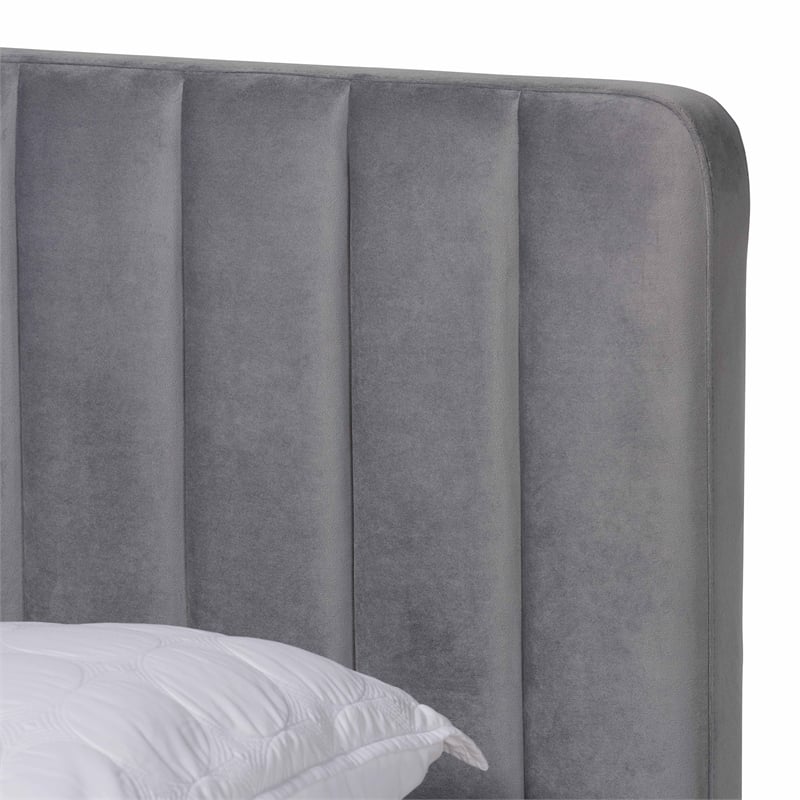Bowery Hill Grey Fabric Upholstered and Gold Finished Queen Size Platform Bed