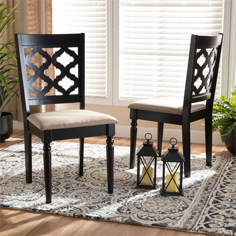 Bowery Hill Upholstered Seat Wood Dining Chair in Brown and Sand (Set of 2)