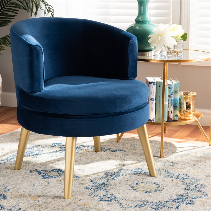 Bowery Hill Blue Velvet Fabric Upholstered and Gold Finished Wood Accent Chair