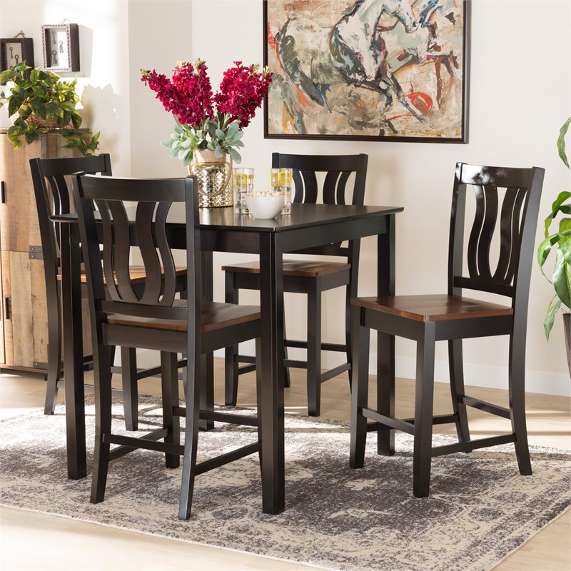 Bowery Hill Two-Tone Dark Brown and Walnut Brown Finished Wood 5-Piece Pub Set