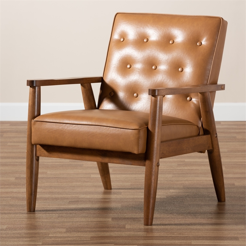 Bowery Hill Mid-Century Faux Leather/Wood Office Chair in Walnut Brown