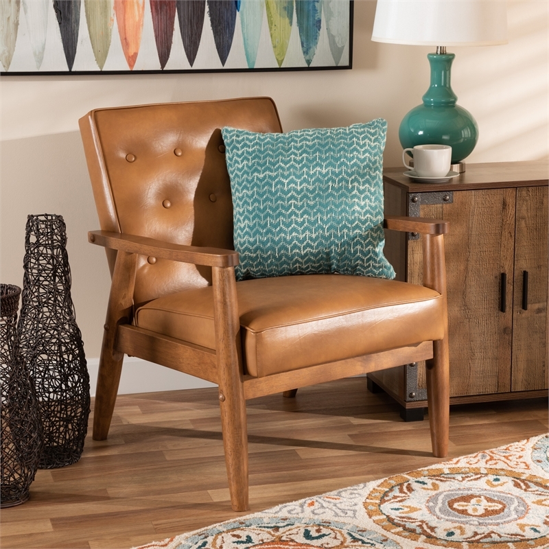 Bowery Hill Mid-Century Faux Leather/Wood Office Chair in Walnut Brown