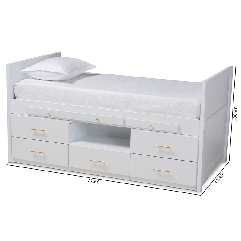 Bowery Hill White Finished Wood Twin Size Storage Bed with Pull-Out Desk