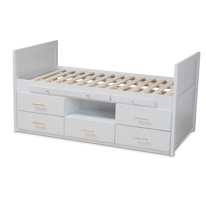 Bowery Hill White Finished Wood Twin Size Storage Bed with Pull-Out Desk