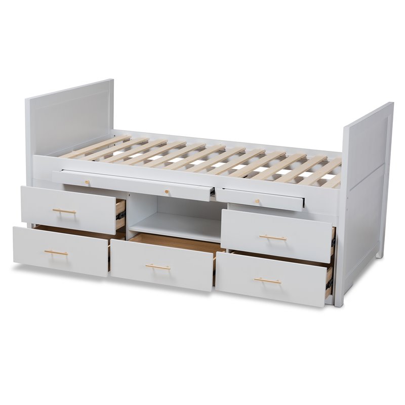 Bowery Hill White Finished Wood Twin Size Storage Bed with Pull-Out Desk