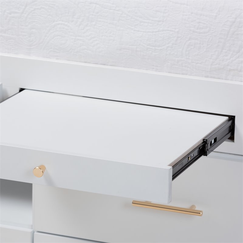 Bowery Hill White Finished Wood Twin Size Storage Bed with Pull-Out Desk