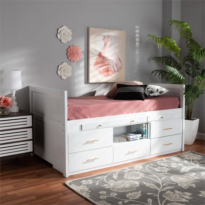 Bowery Hill White Finished Wood Twin Size Storage Bed with Pull-Out Desk