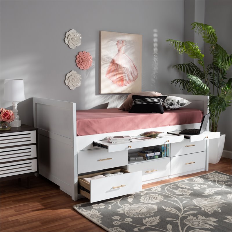 Bowery Hill White Finished Wood Twin Size Storage Bed with Pull-Out Desk
