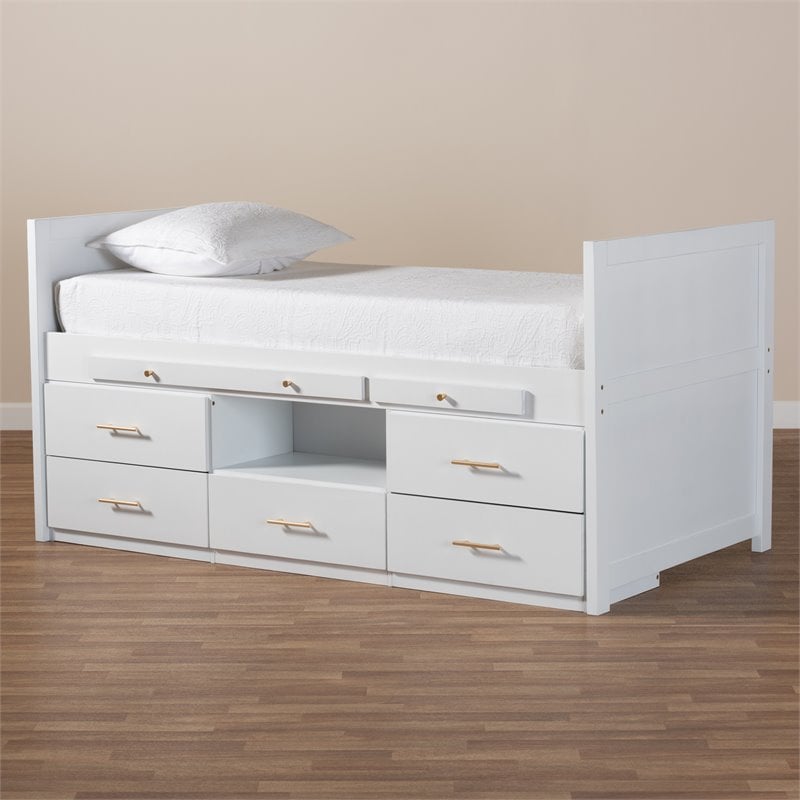 Bowery Hill White Finished Wood Twin Size Storage Bed with Pull-Out Desk